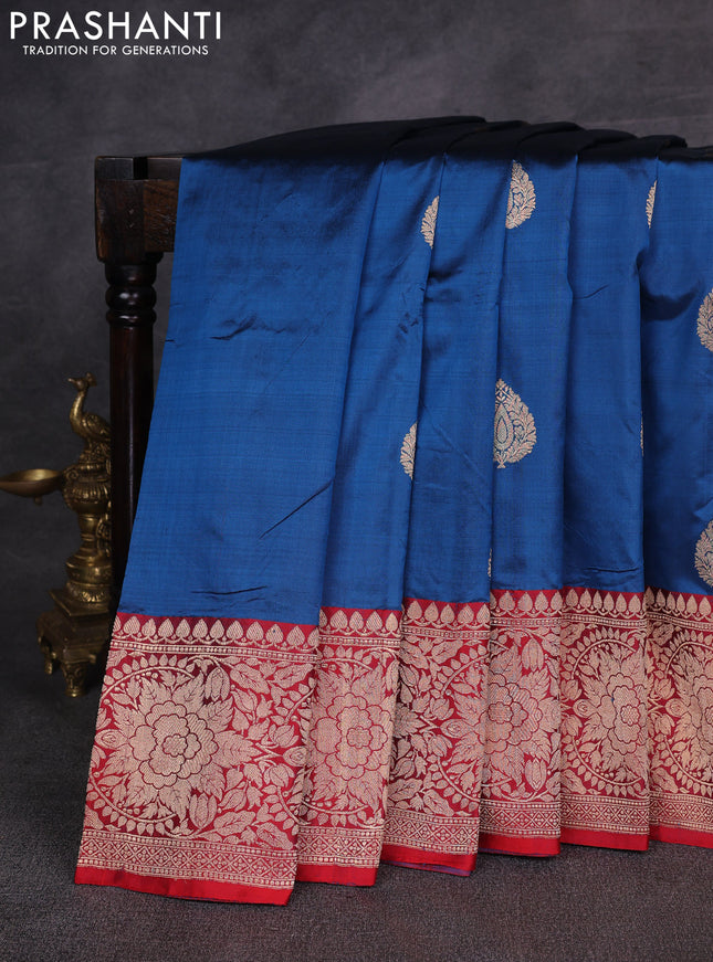 Peacock Blue & Red Banarasi Katan Silk Saree - Zari Butta