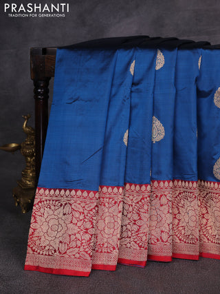 Peacock Blue & Red Banarasi Katan Silk Saree - Zari Butta