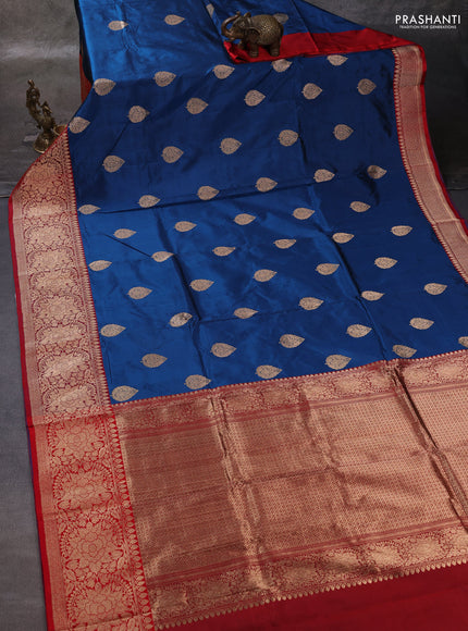Peacock Blue & Red Banarasi Katan Silk Saree - Zari Butta