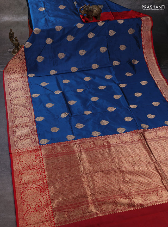 Peacock Blue & Red Banarasi Katan Silk Saree - Zari Butta