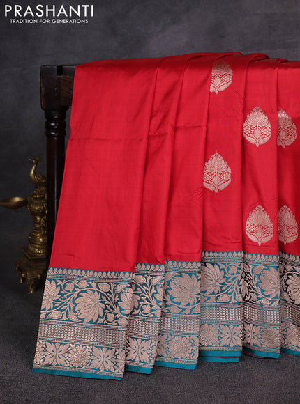 Red & Peacock Green Banarasi Katan Silk Saree - Zari Butta