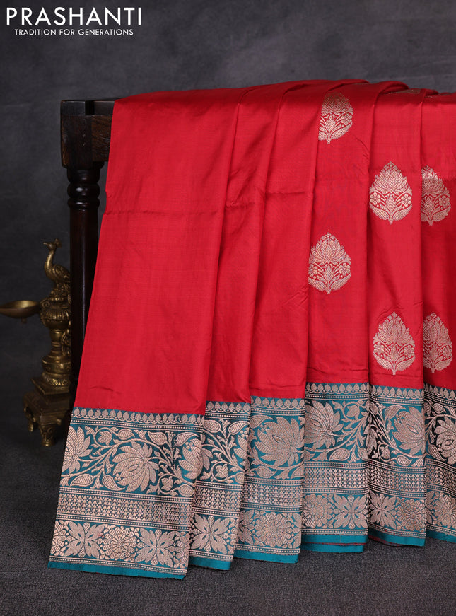 Red & Peacock Green Banarasi Katan Silk Saree - Zari Butta