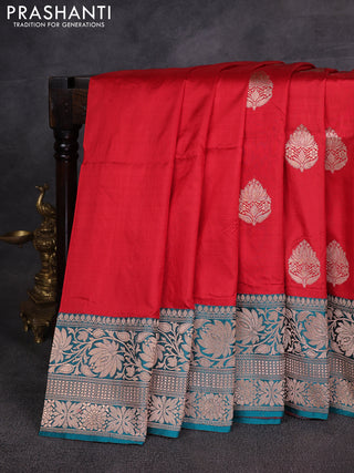 Red & Peacock Green Banarasi Katan Silk Saree - Zari Butta