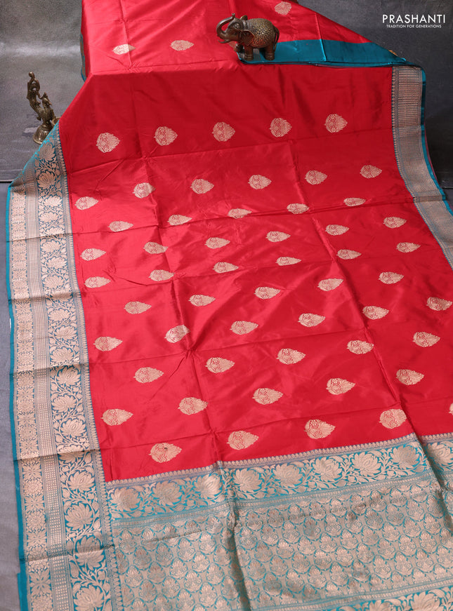 Red & Peacock Green Banarasi Katan Silk Saree - Zari Butta