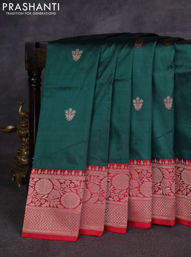 Bottle Green & Red Banarasi Katan Silk Saree - Zari Butta