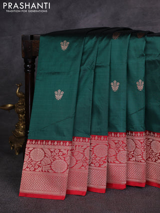 Bottle Green & Red Banarasi Katan Silk Saree - Zari Butta