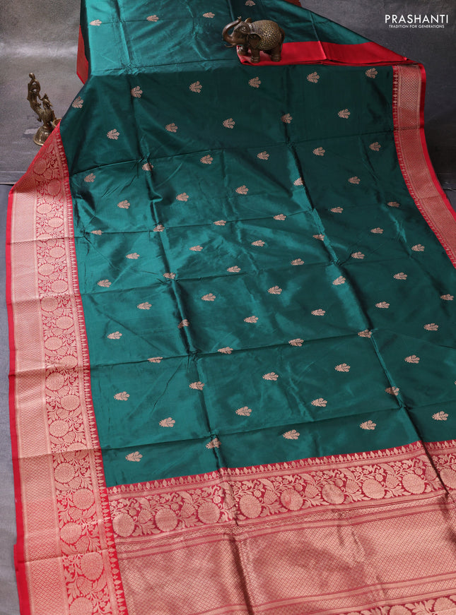 Bottle Green & Red Banarasi Katan Silk Saree - Zari Butta