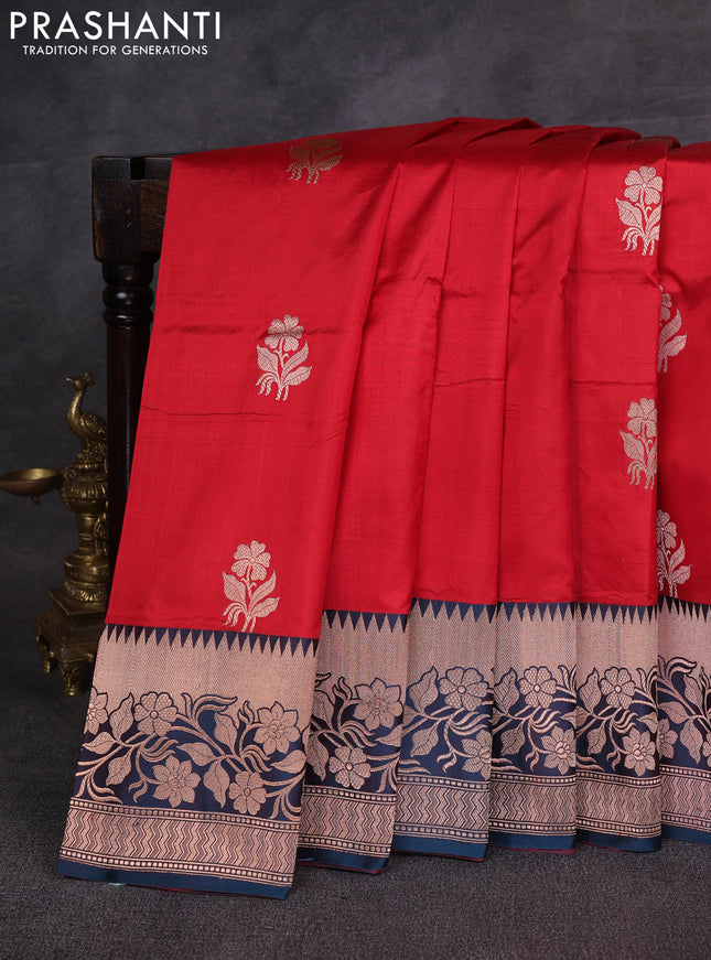 Red & Peacock Blue Banarasi Katan Silk Saree - Zari Butta