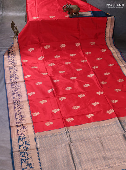 Red & Peacock Blue Banarasi Katan Silk Saree - Zari Butta