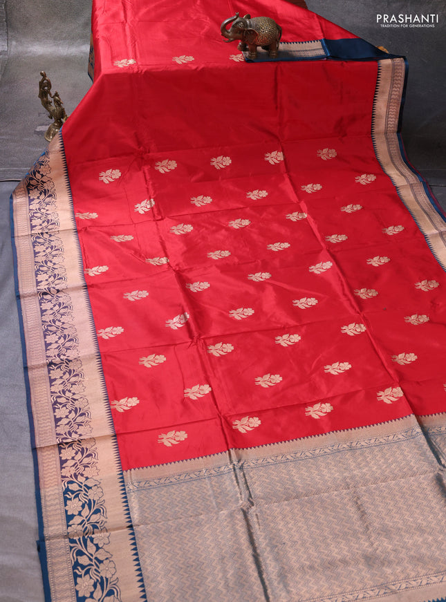 Red & Peacock Blue Banarasi Katan Silk Saree - Zari Butta