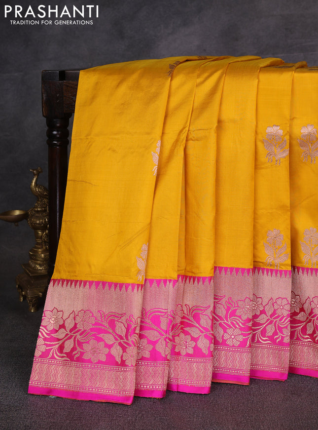 Yellow & Pink Banarasi Katan Silk Saree - Zari Butta