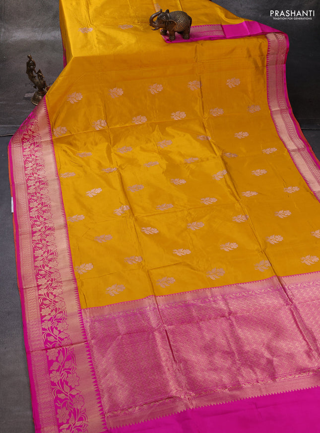 Yellow & Pink Banarasi Katan Silk Saree - Zari Butta