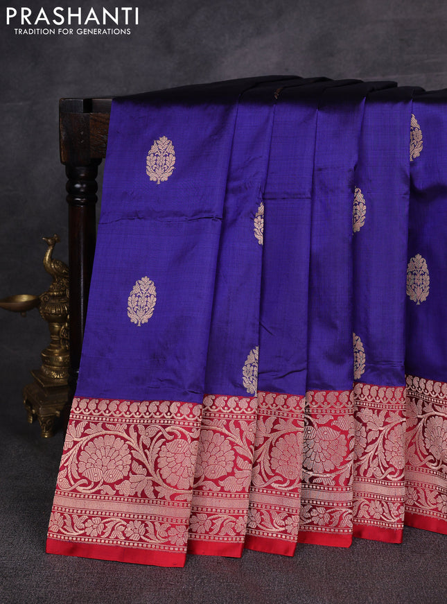 Blue & Red Banarasi Katan Silk Saree - Zari Butta