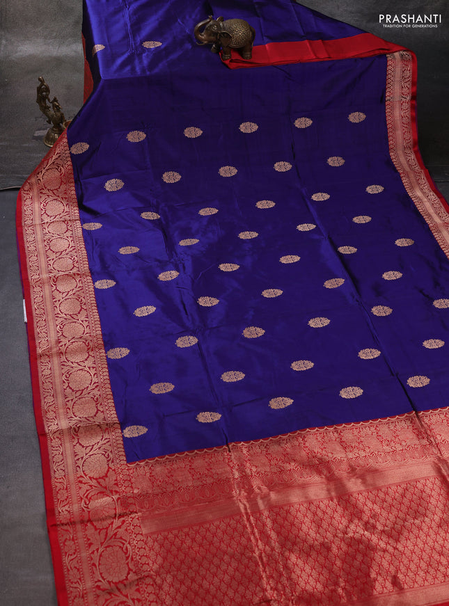 Blue & Red Banarasi Katan Silk Saree - Zari Butta