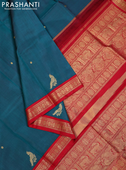 Peacock Green & Red Pure Kanchipuram Silk - Zari Butta