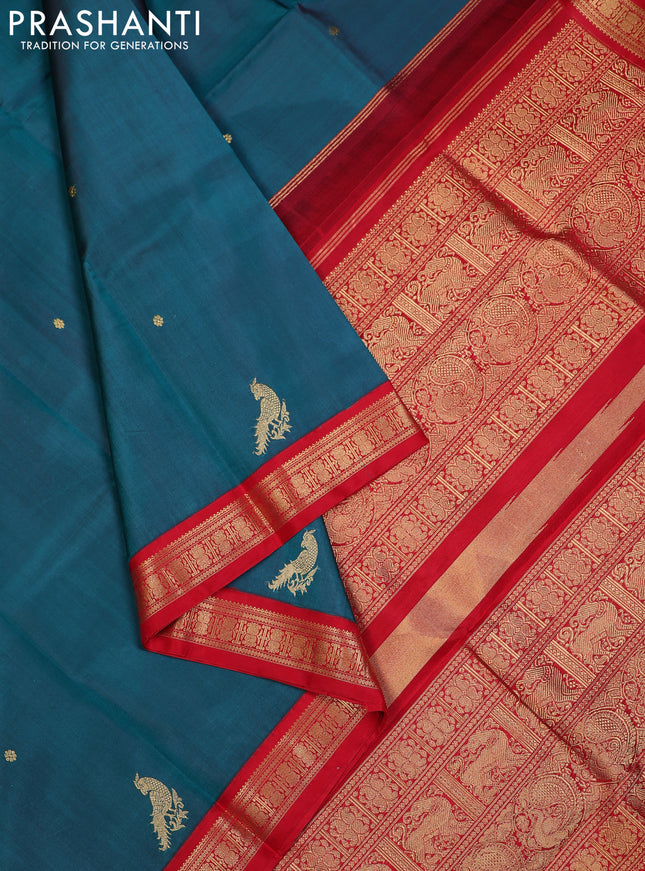 Peacock Green & Red Pure Kanchipuram Silk - Zari Butta
