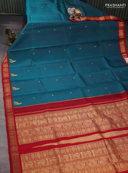 Peacock Green & Red Pure Kanchipuram Silk - Zari Butta