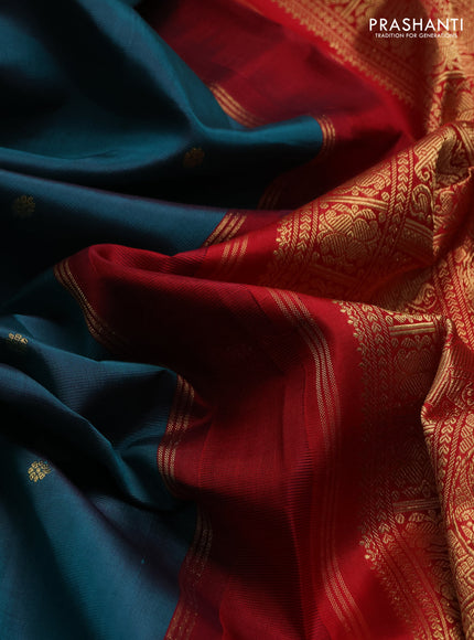 Peacock Green & Red Pure Kanchipuram Silk - Zari Butta