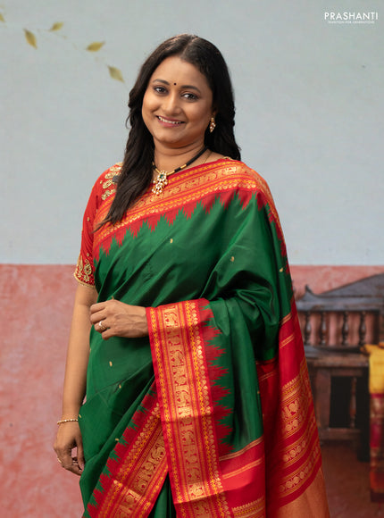 Green & Red Pure Kanchipuram Silk - Zari Butta