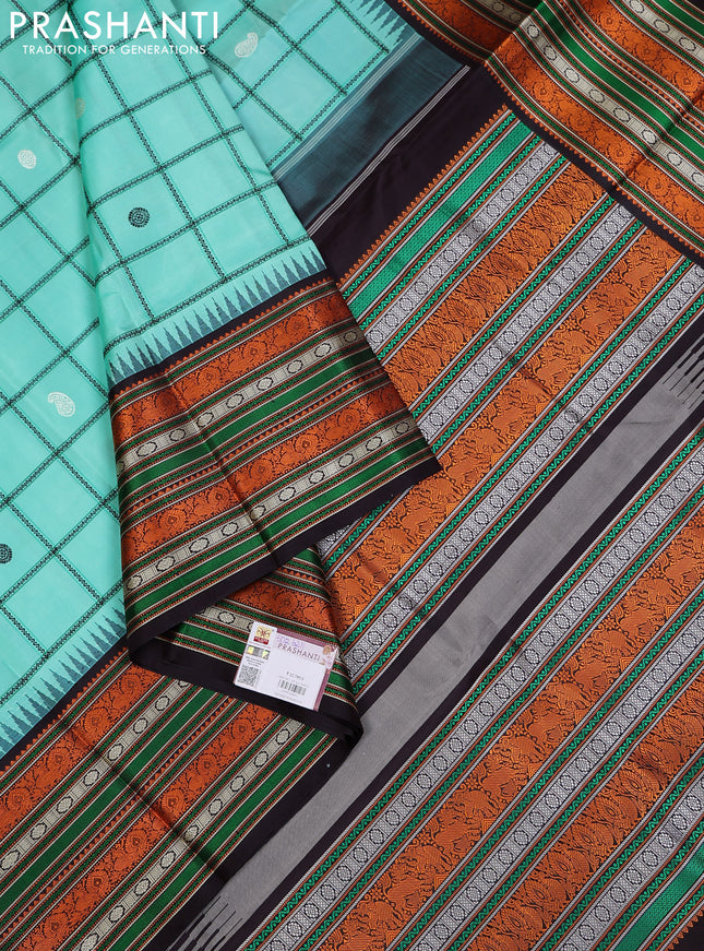 Teal Green & Black Pure Kanchipuram Silk - Checks