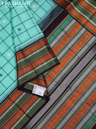 Teal Green & Black Pure Kanchipuram Silk - Checks