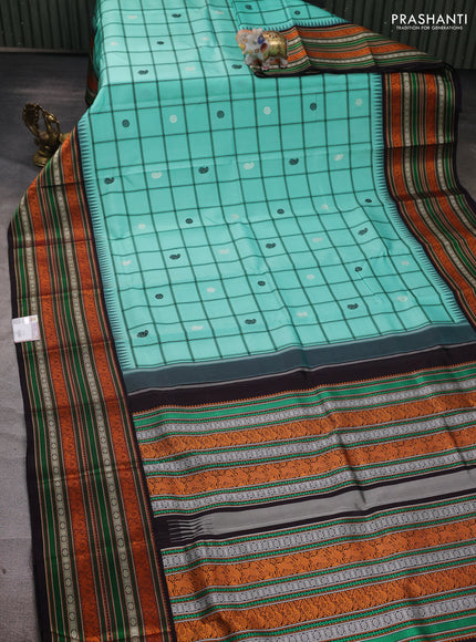 Teal Green & Black Pure Kanchipuram Silk - Checks