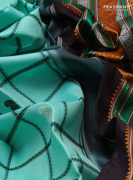 Teal Green & Black Pure Kanchipuram Silk - Checks