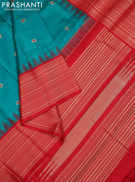 Teal Green & Red Pure Kanchipuram Silk - Zari Butta