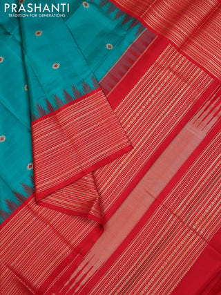 Teal Green & Red Pure Kanchipuram Silk - Zari Butta