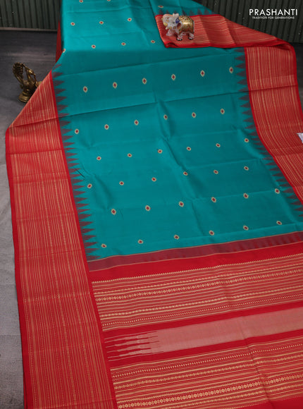 Teal Green & Red Pure Kanchipuram Silk - Zari Butta