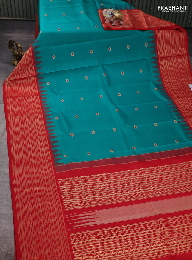 Teal Green & Red Pure Kanchipuram Silk - Zari Butta