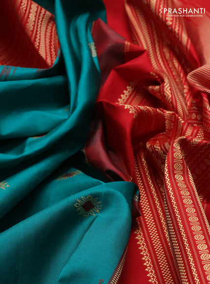 Teal Green & Red Pure Kanchipuram Silk - Zari Butta