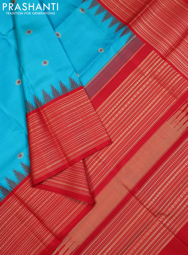Teal Blue & Red Pure Kanchipuram Silk - Zari Butta