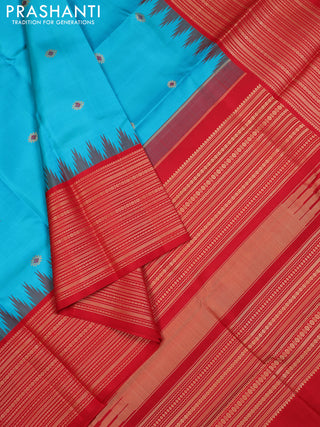 Teal Blue & Red Pure Kanchipuram Silk - Zari Butta