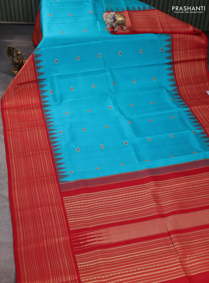 Teal Blue & Red Pure Kanchipuram Silk - Zari Butta