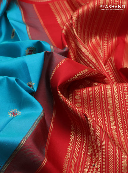Teal Blue & Red Pure Kanchipuram Silk - Zari Butta