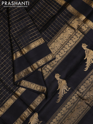 Black Pure Kanchipuram Silk - Checks