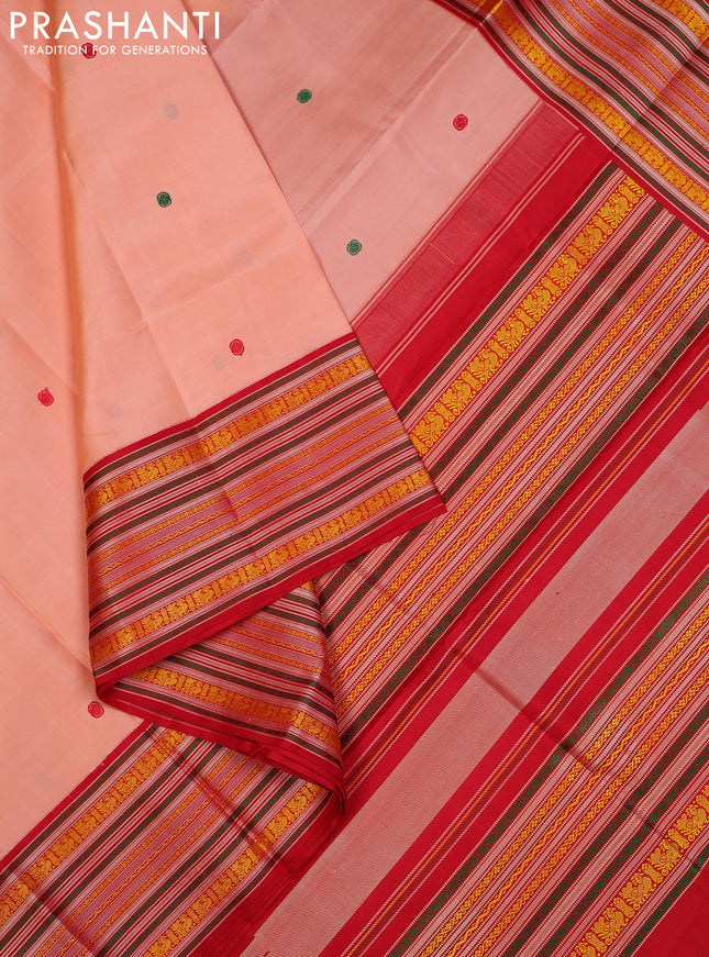 Peach Orange & Red Pure Kanchipuram Silk - Zari Butta