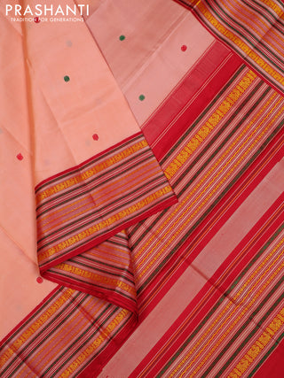 Peach Orange & Red Pure Kanchipuram Silk - Zari Butta