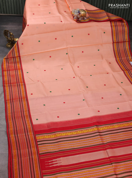 Peach Orange & Red Pure Kanchipuram Silk - Zari Butta