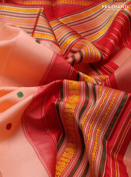 Peach Orange & Red Pure Kanchipuram Silk - Zari Butta