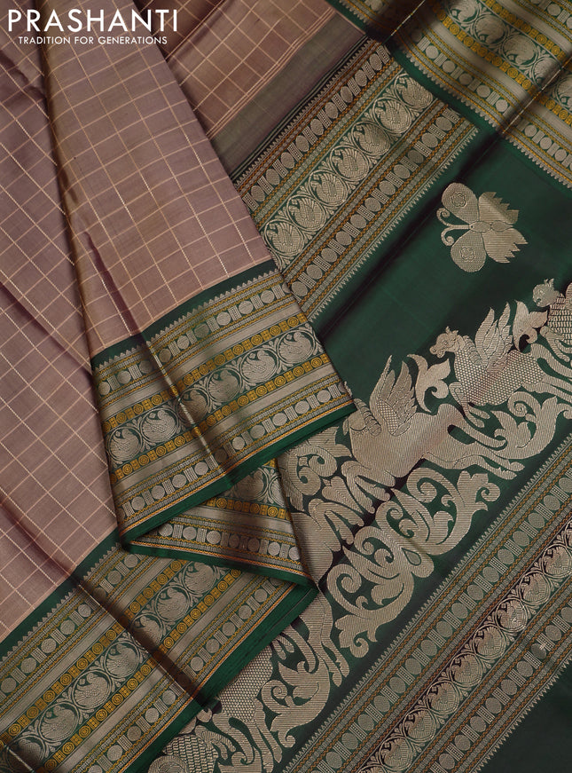 Beige & Green Pure Kanchipuram Silk - Checks