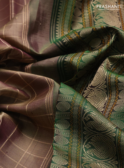 Beige & Green Pure Kanchipuram Silk - Checks