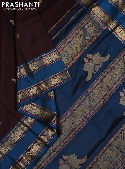 Coffee Brown & Peacock Blue Pure Kanchipuram Silk - Zari Butta