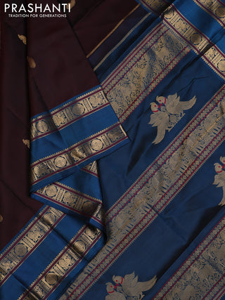 Coffee Brown & Peacock Blue Pure Kanchipuram Silk - Zari Butta
