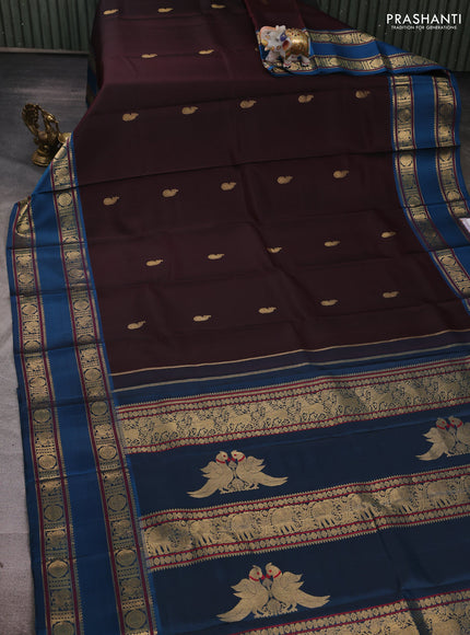 Coffee Brown & Peacock Blue Pure Kanchipuram Silk - Zari Butta