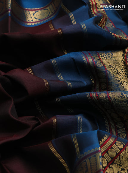 Coffee Brown & Peacock Blue Pure Kanchipuram Silk - Zari Butta