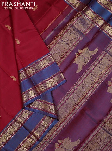 Red & Peacock Blue Pure Kanchipuram Silk - Zari Butta