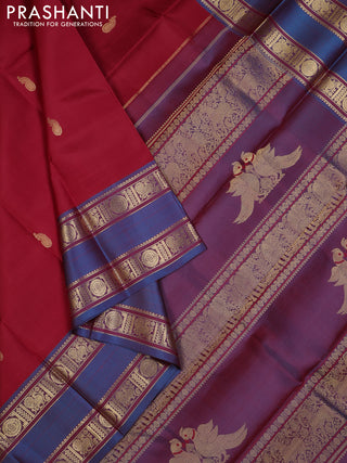 Red & Peacock Blue Pure Kanchipuram Silk - Zari Butta