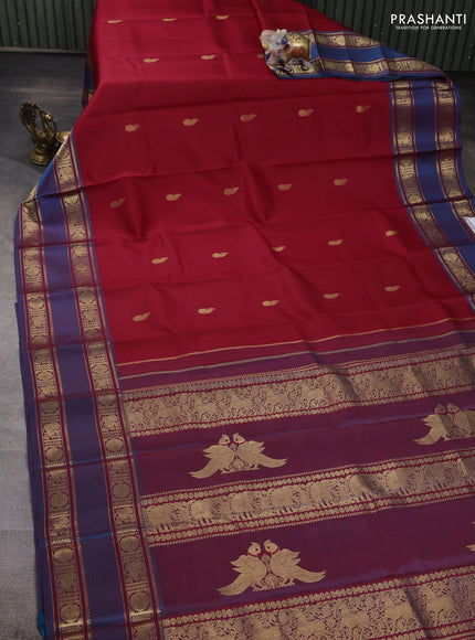 Red & Peacock Blue Pure Kanchipuram Silk - Zari Butta